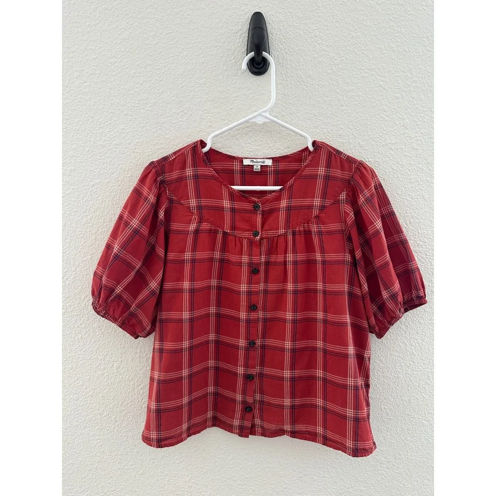 Madewell Plaid Button Front Top Red Puff Sleeve Cotton Blouse Coquette Medium